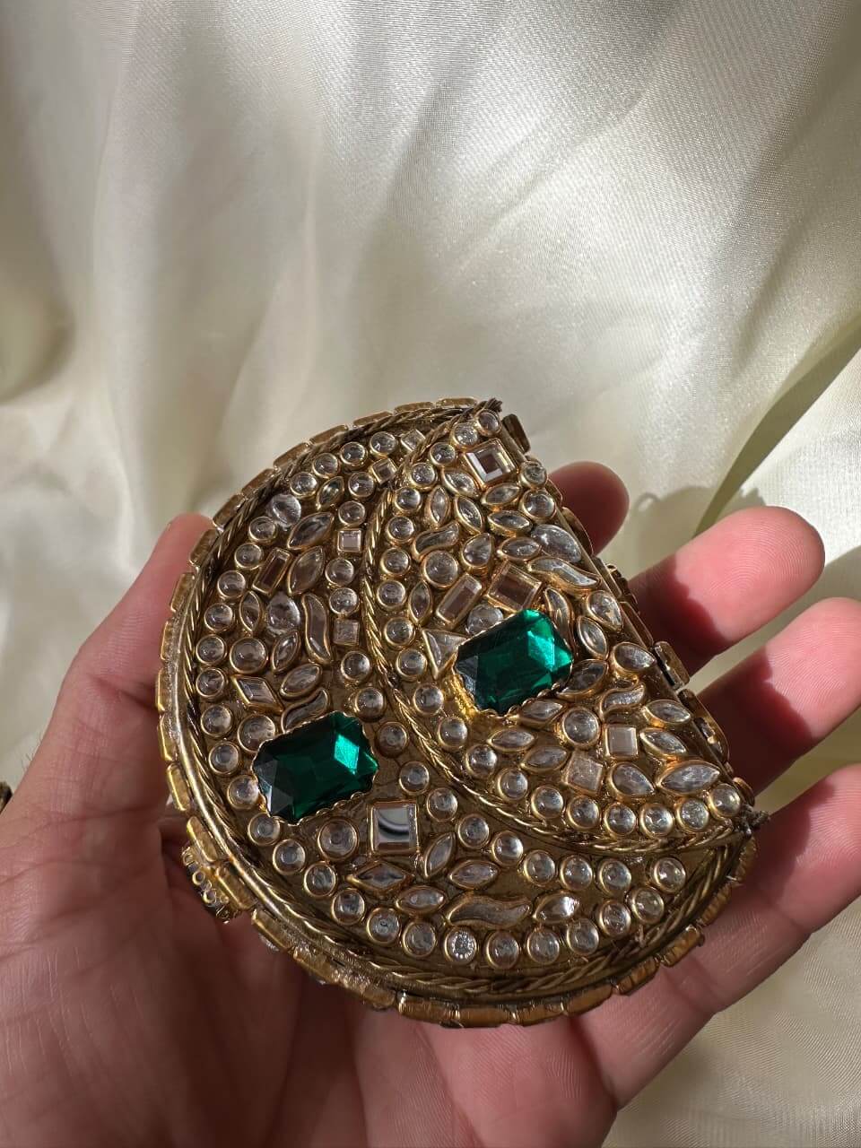 Mini Kundan Box Clutch-Emerald Green