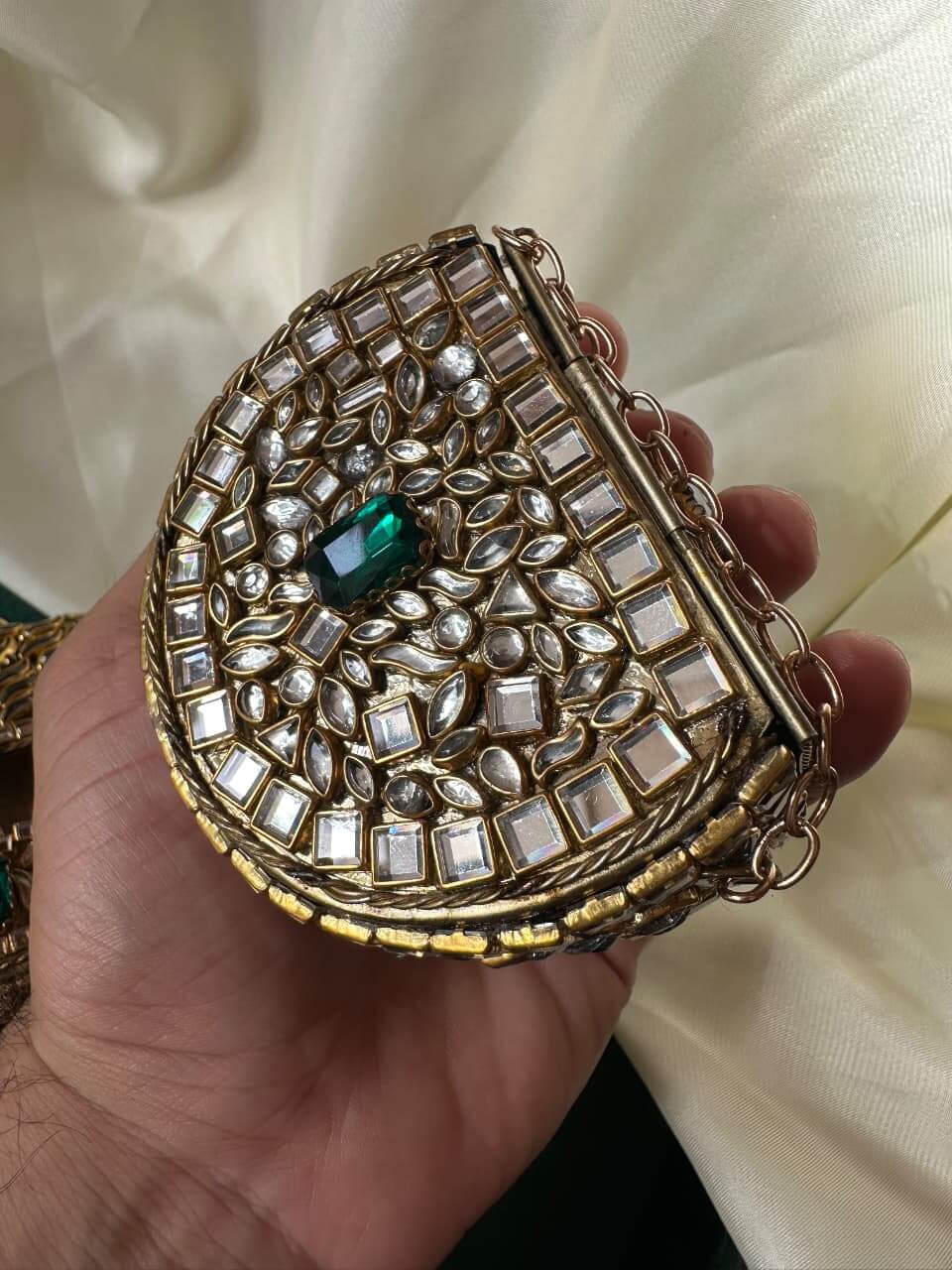 Mini Kundan Box Clutch-Emerald Green