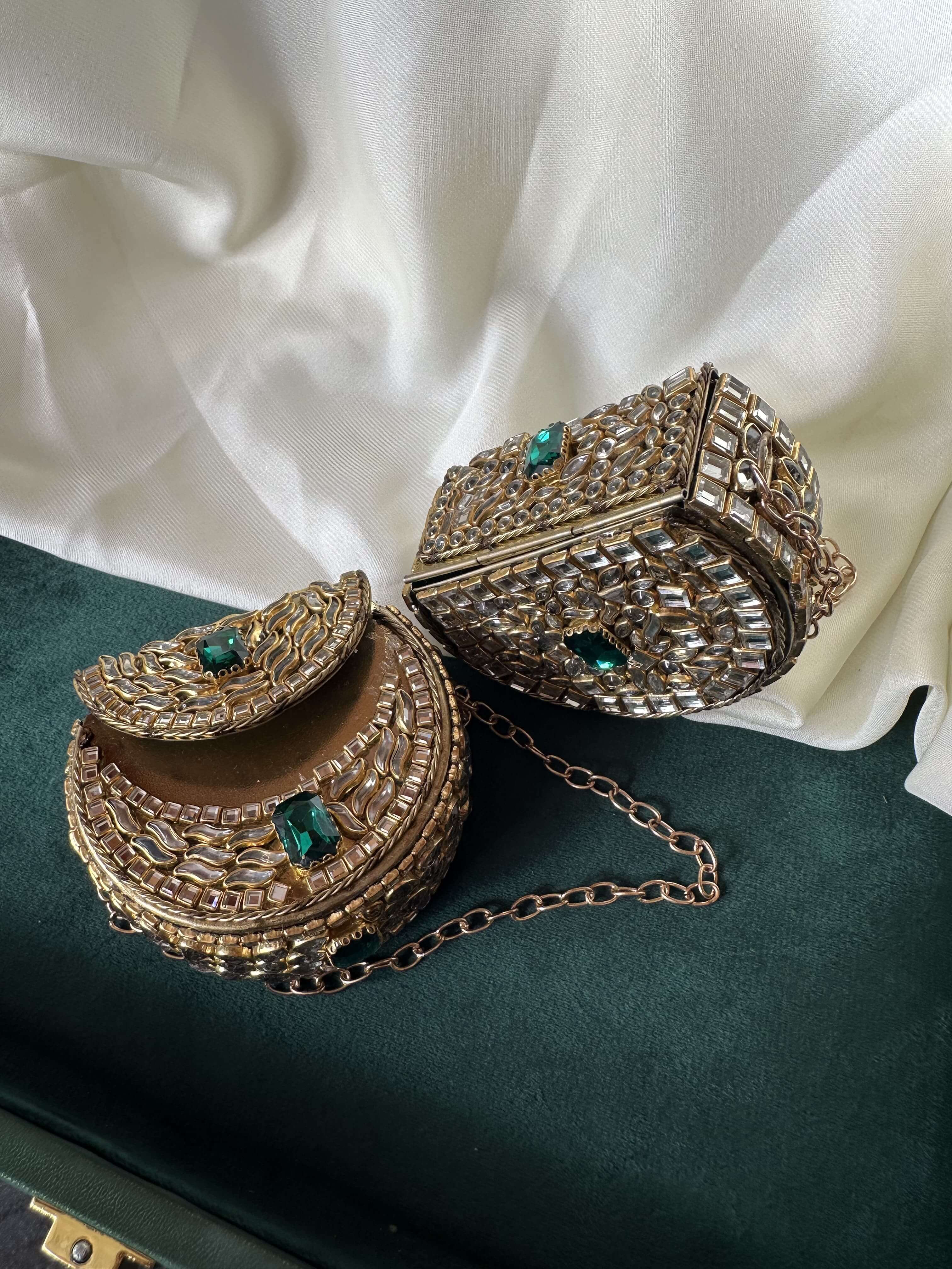 Mini Kundan Box Clutch-Emerald Green