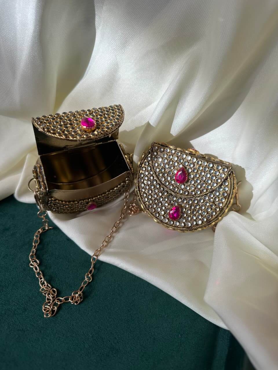 Mini Kundan Box Clutch- Hot Pink
