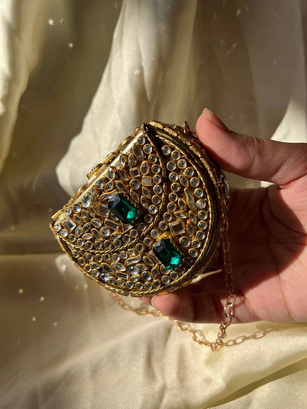 Mini Kundan Box Clutch-Emerald Green