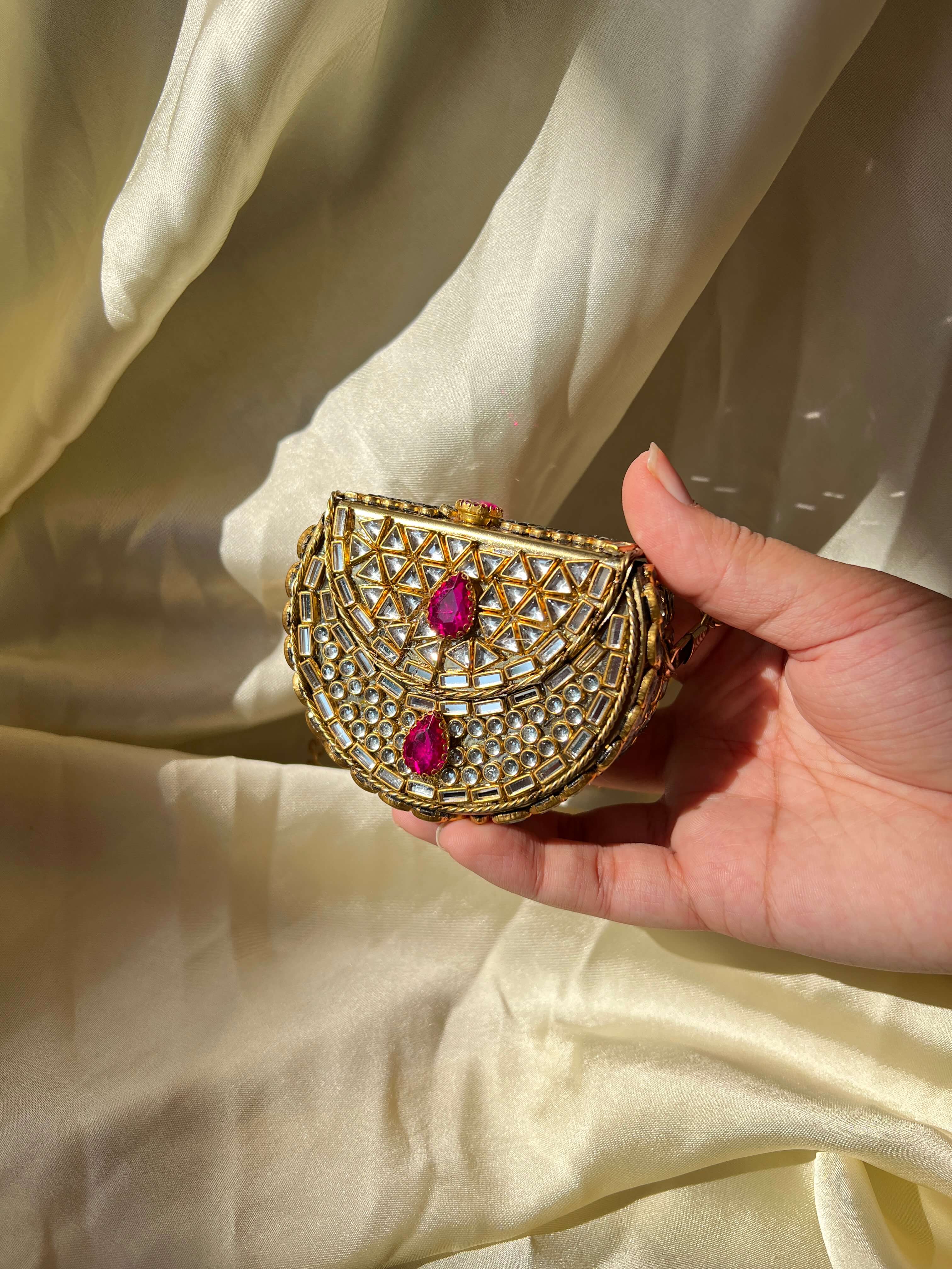 Mini Kundan Box Clutch- Hot Pink