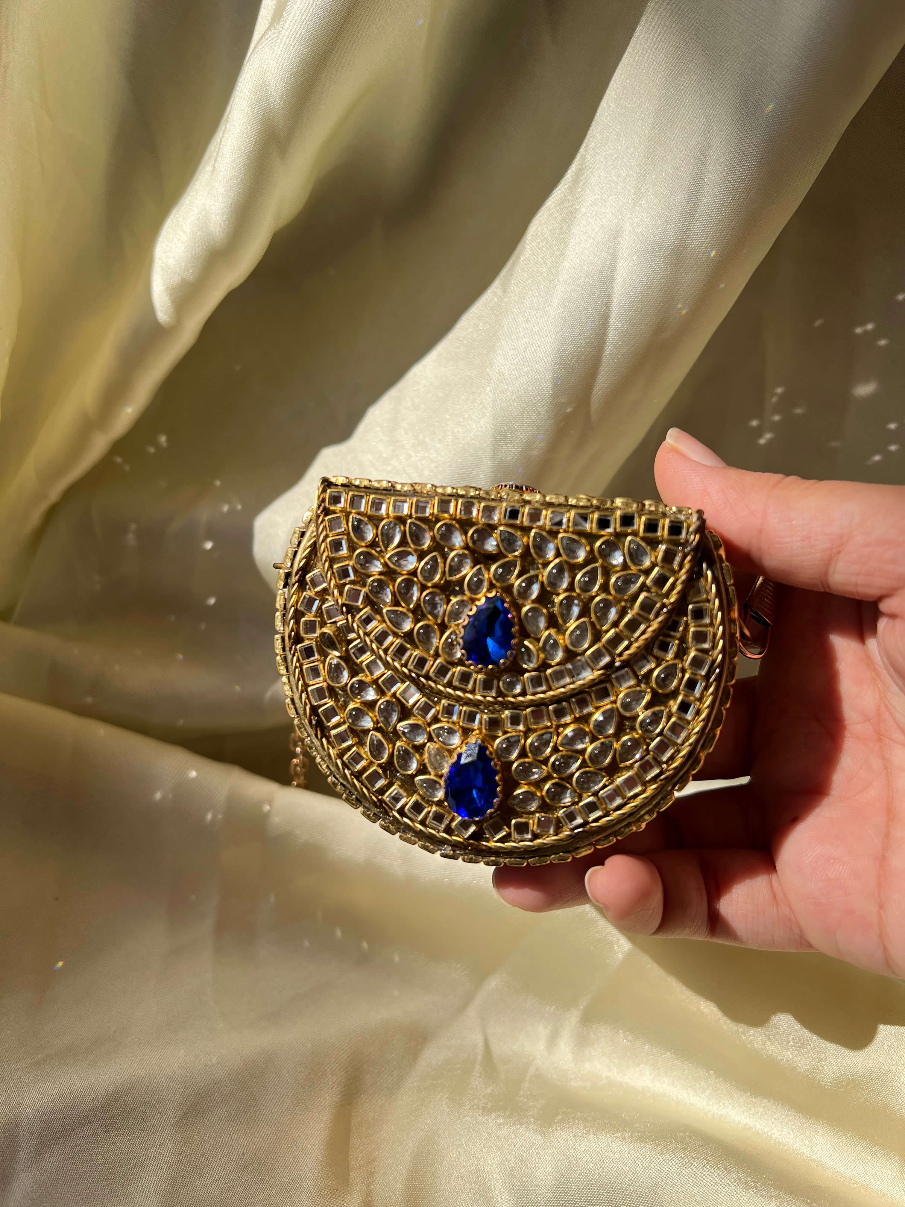 Mini Kundan Box Clutch- Sapphire Blue