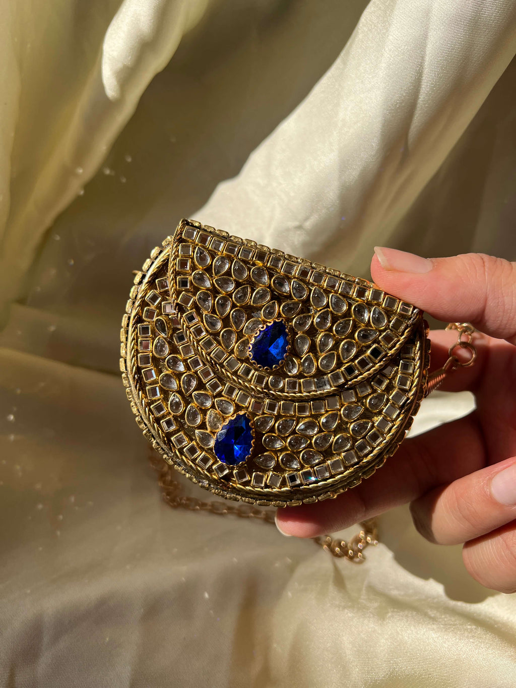 Mini Kundan Box Clutch- Sapphire Blue