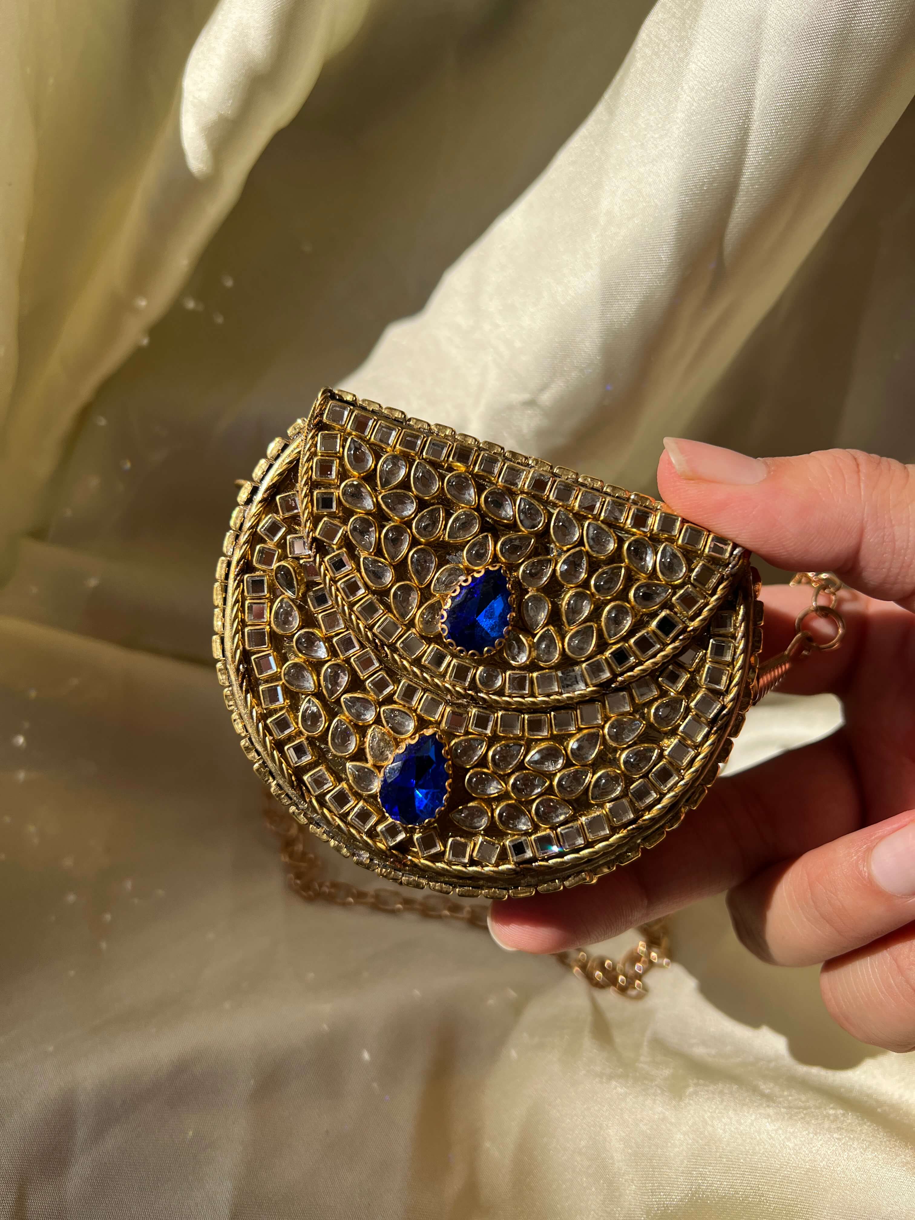 Mini Kundan Box Clutch- Sapphire Blue