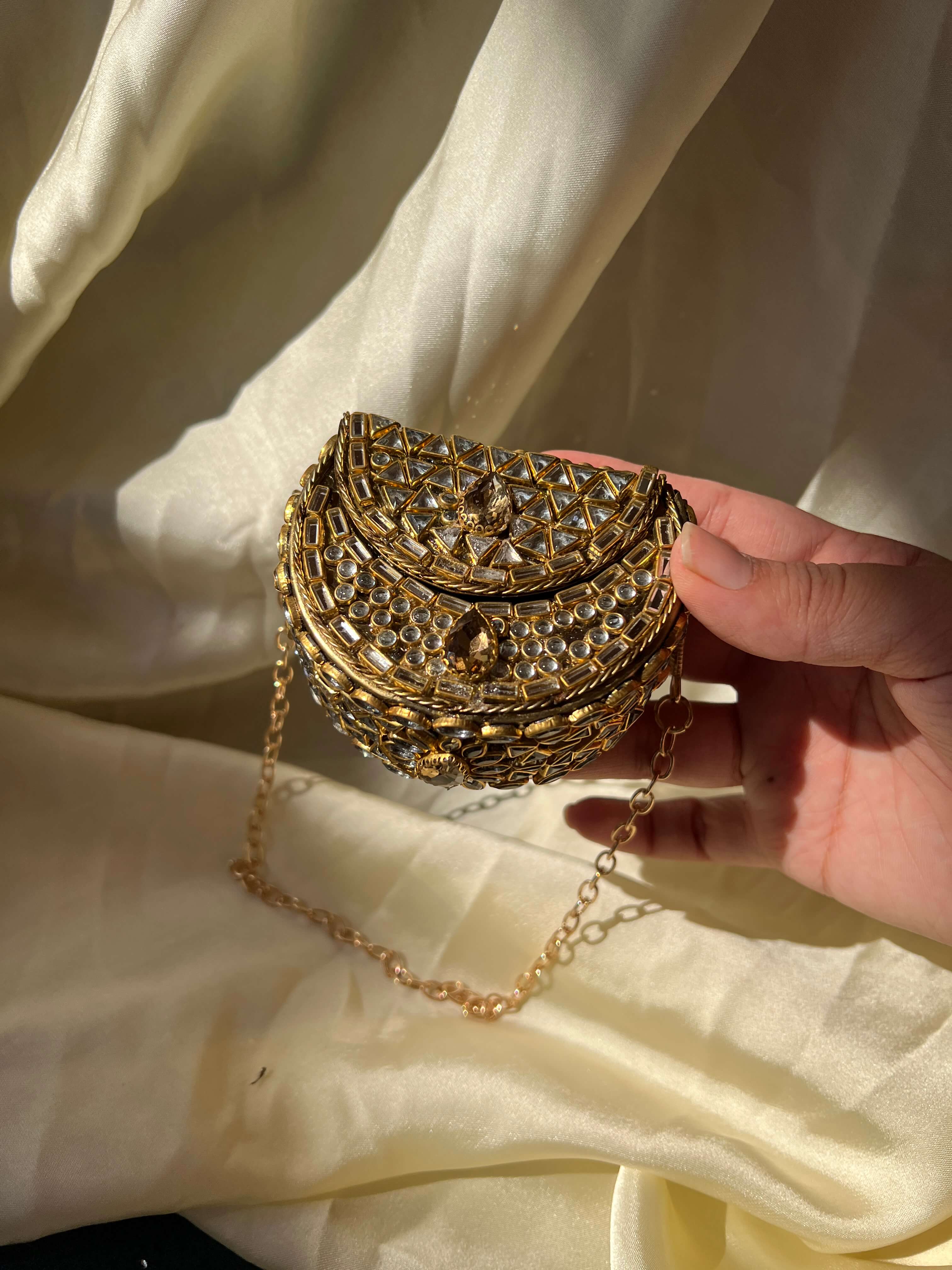 Mini Kundan Box Clutch- Champagne