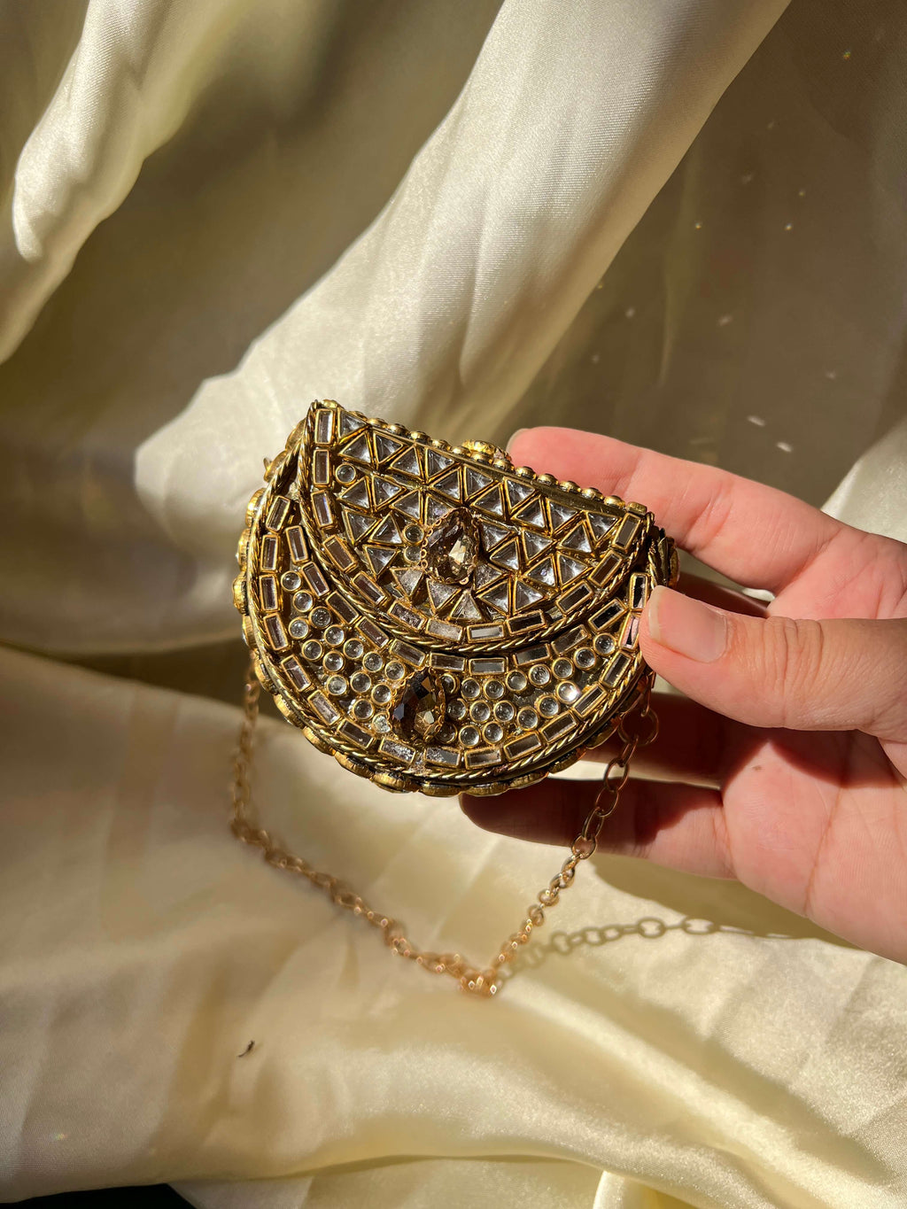 Mini Kundan Box Clutch- Champagne
