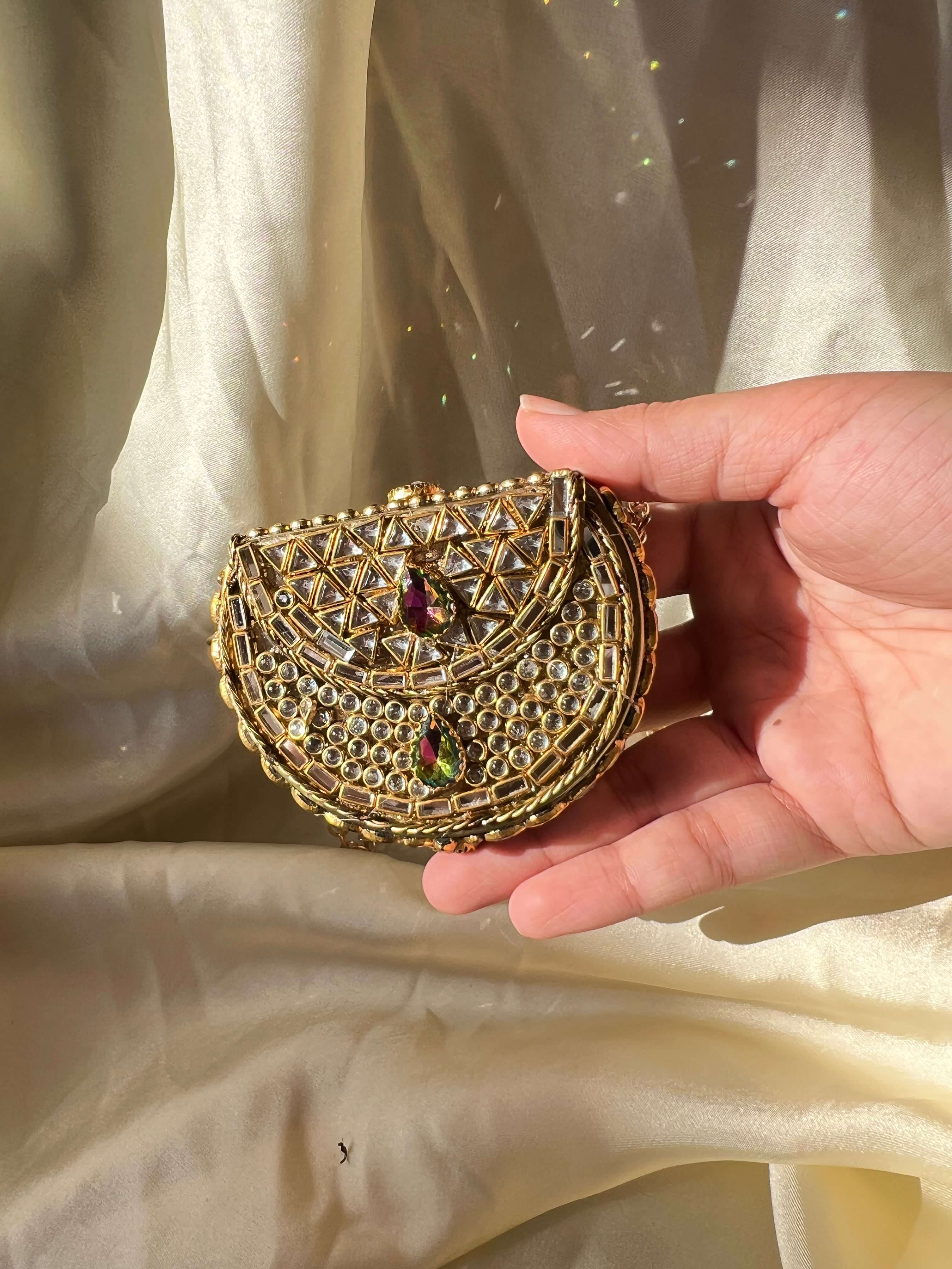 Mini Kundan Box Clutch-Mint n Multi