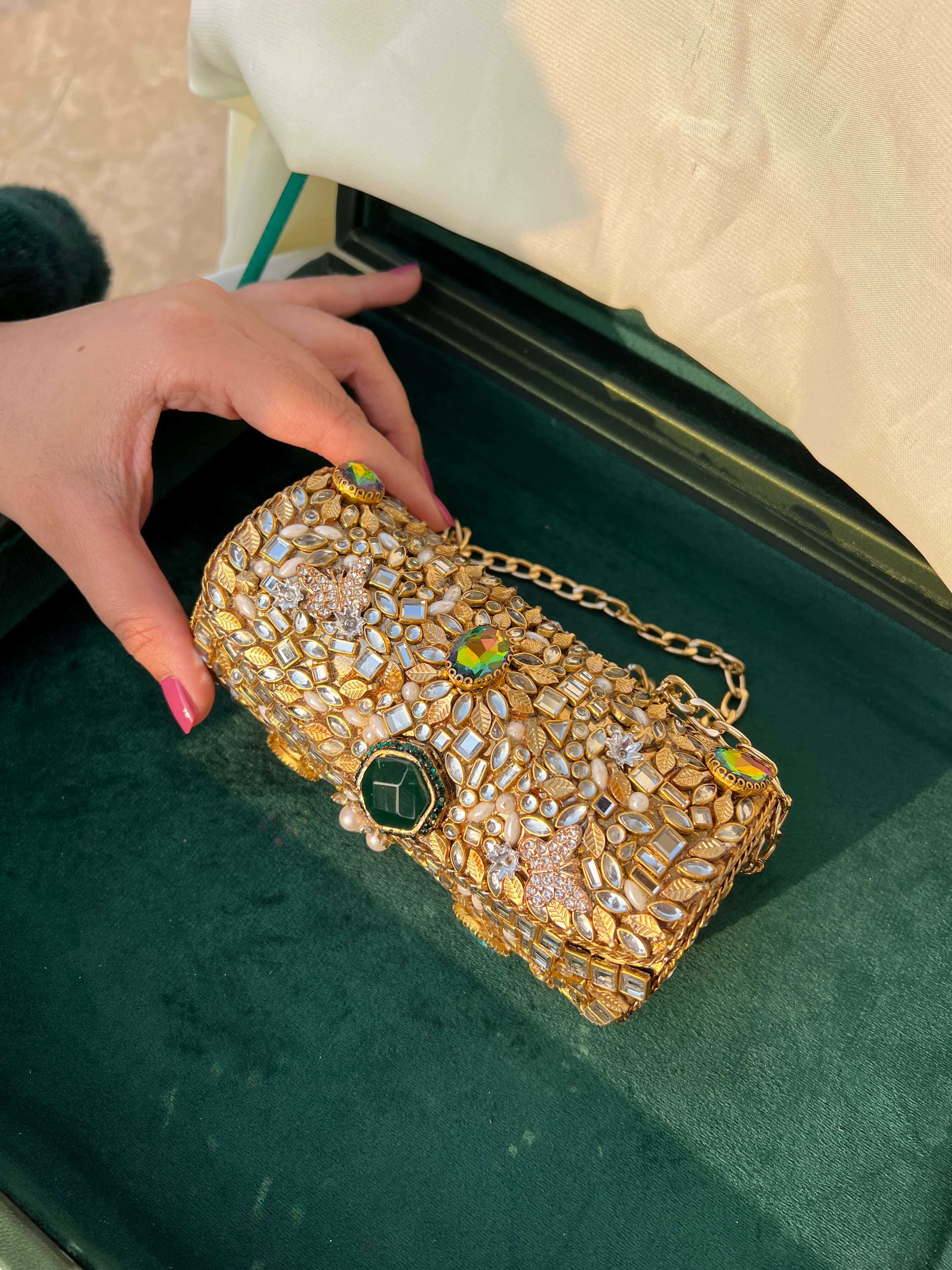 Heirloom Embellished Clutch- Green