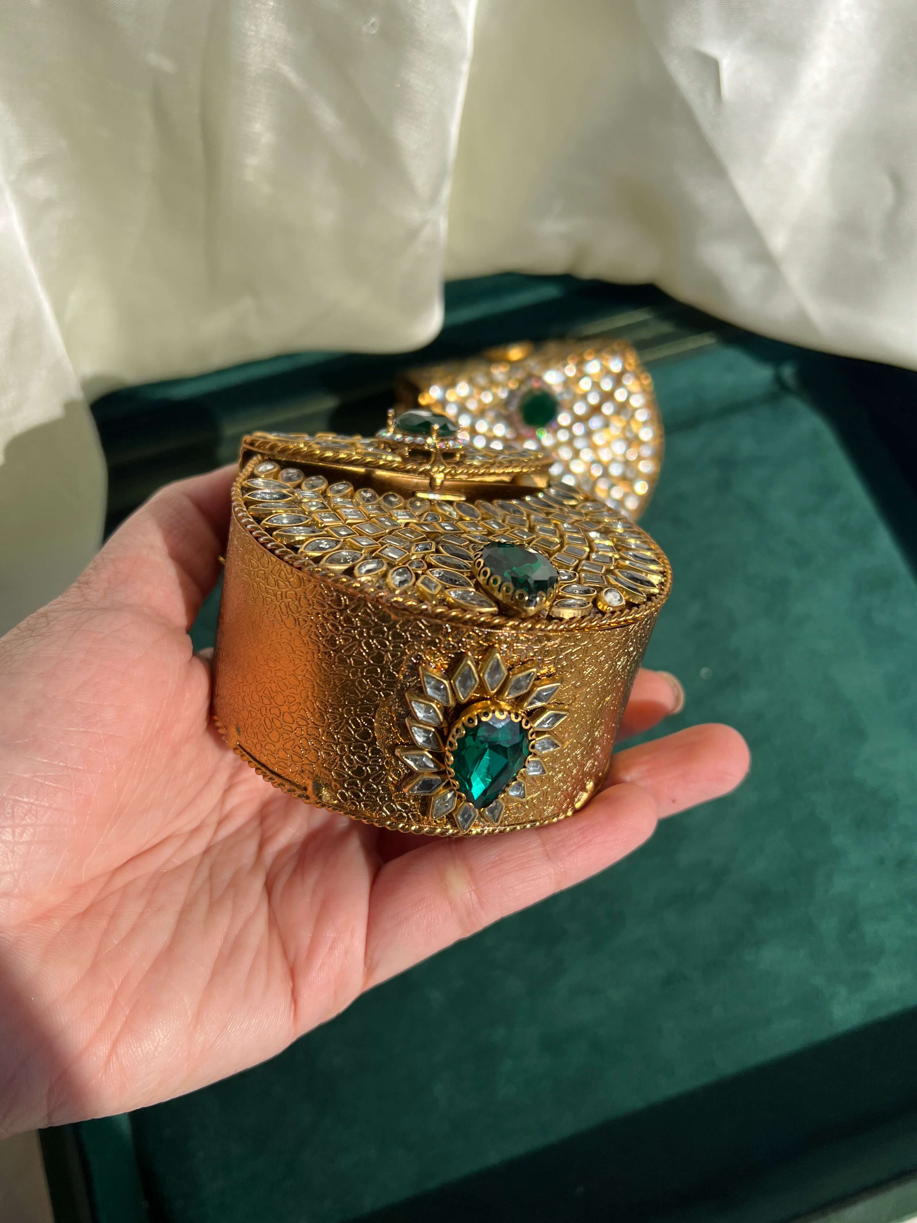 Mini Kundan Box Clutch-Emerald Green