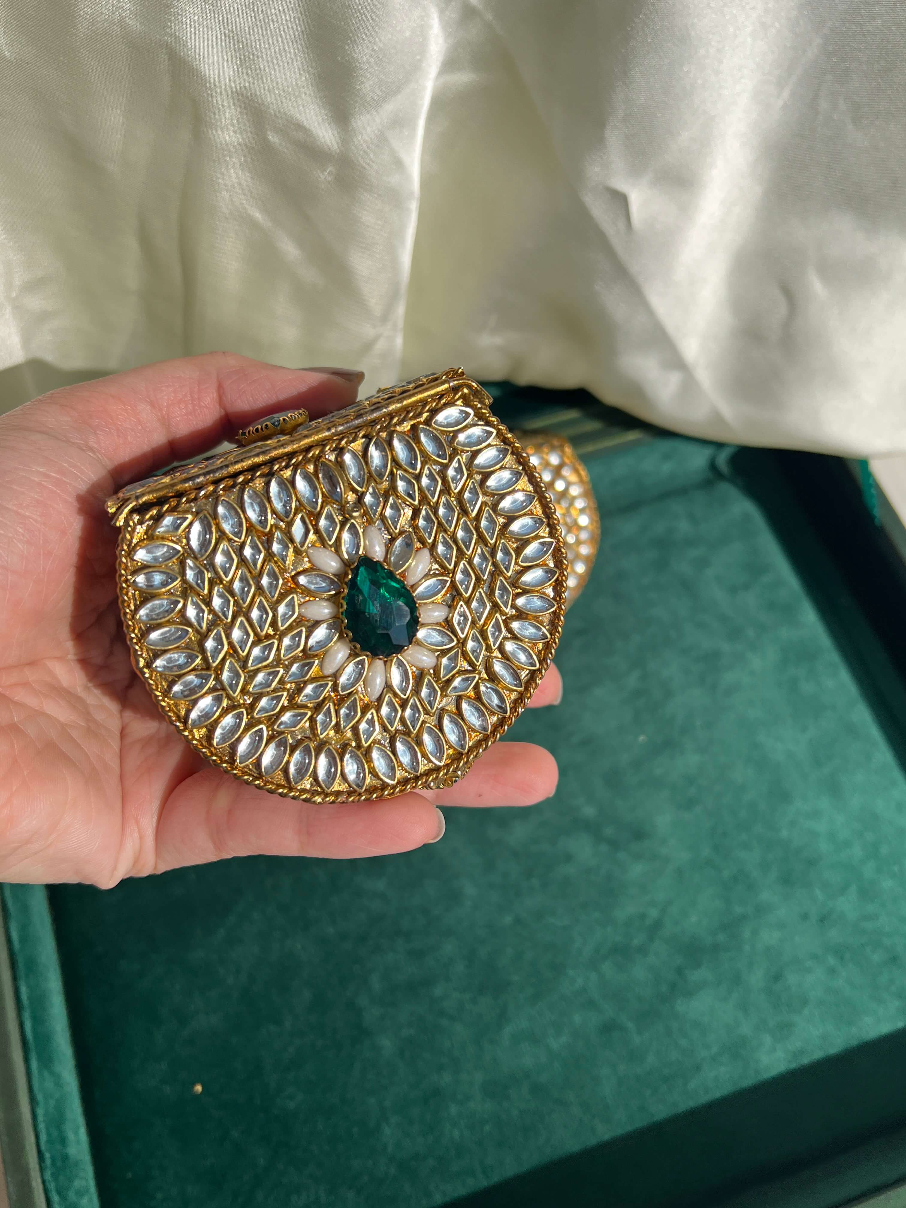 Mini Kundan Box Clutch-Emerald Green