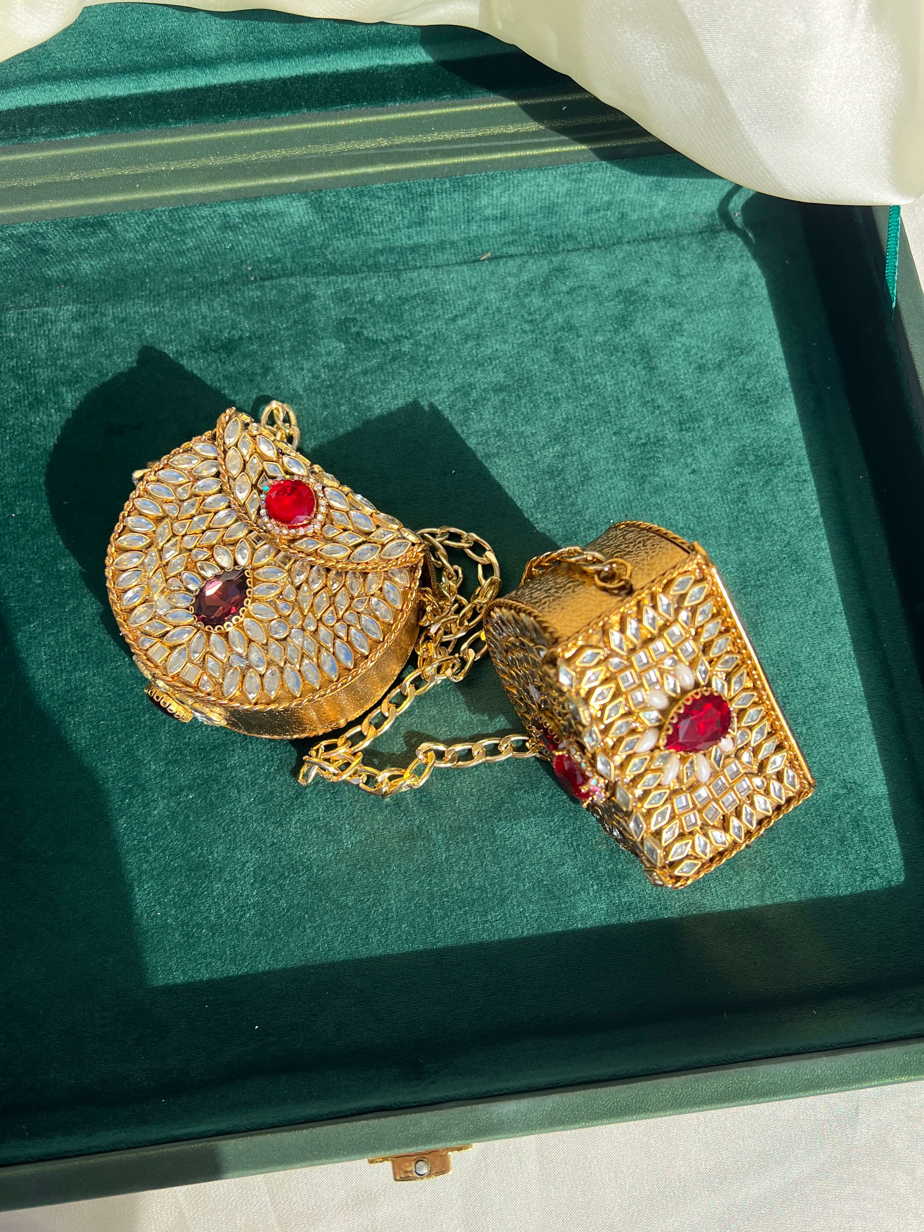 Mini Kundan Box Clutch-Ruby Red