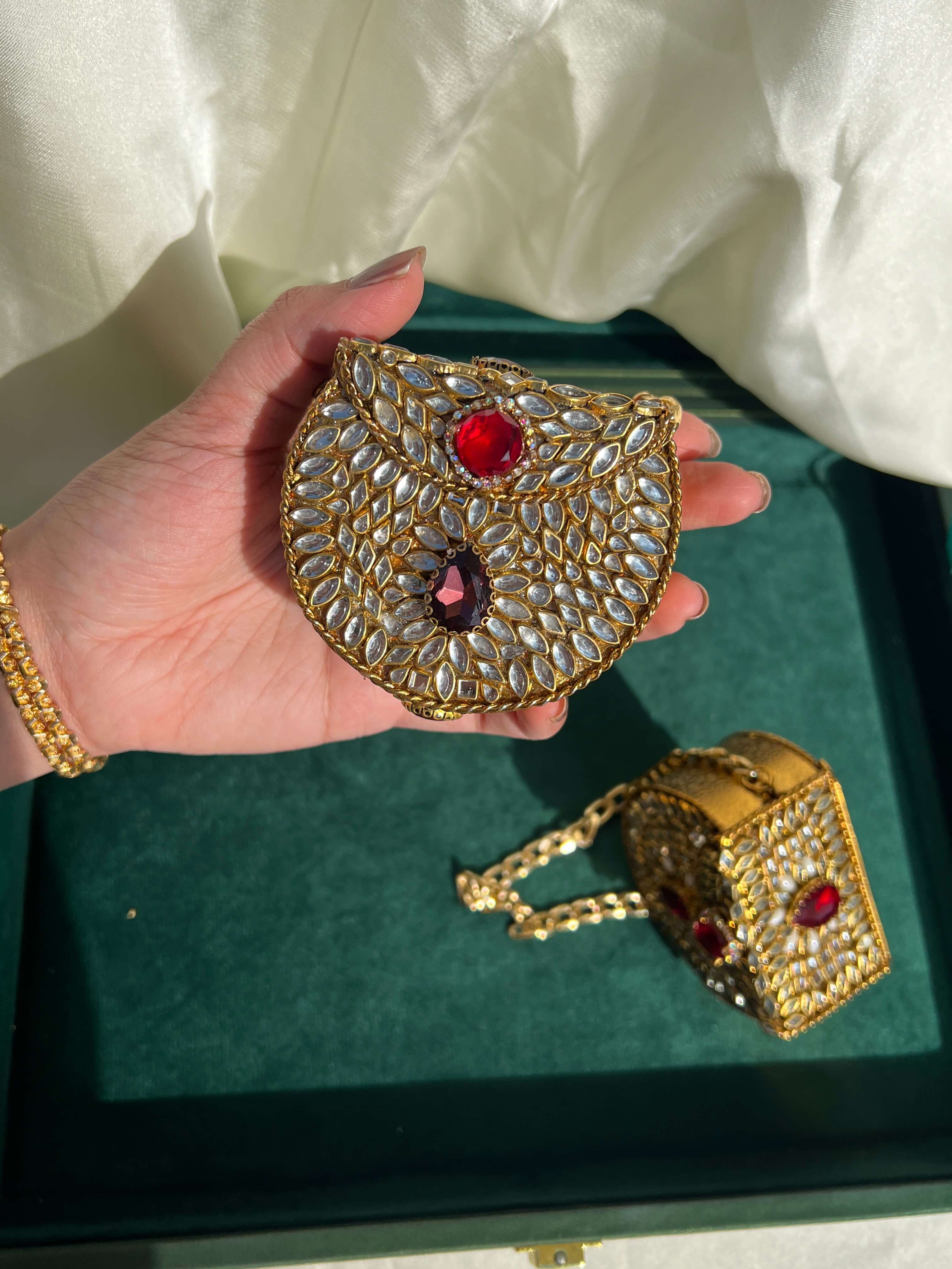 Mini Kundan Box Clutch-Ruby Red