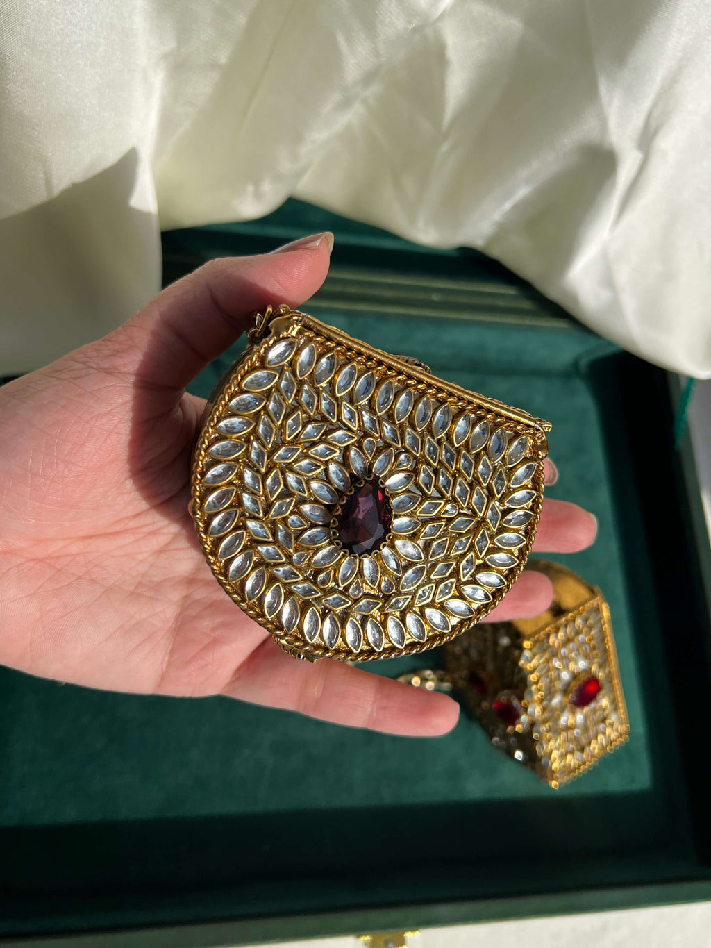 Mini Kundan Box Clutch-Ruby Red