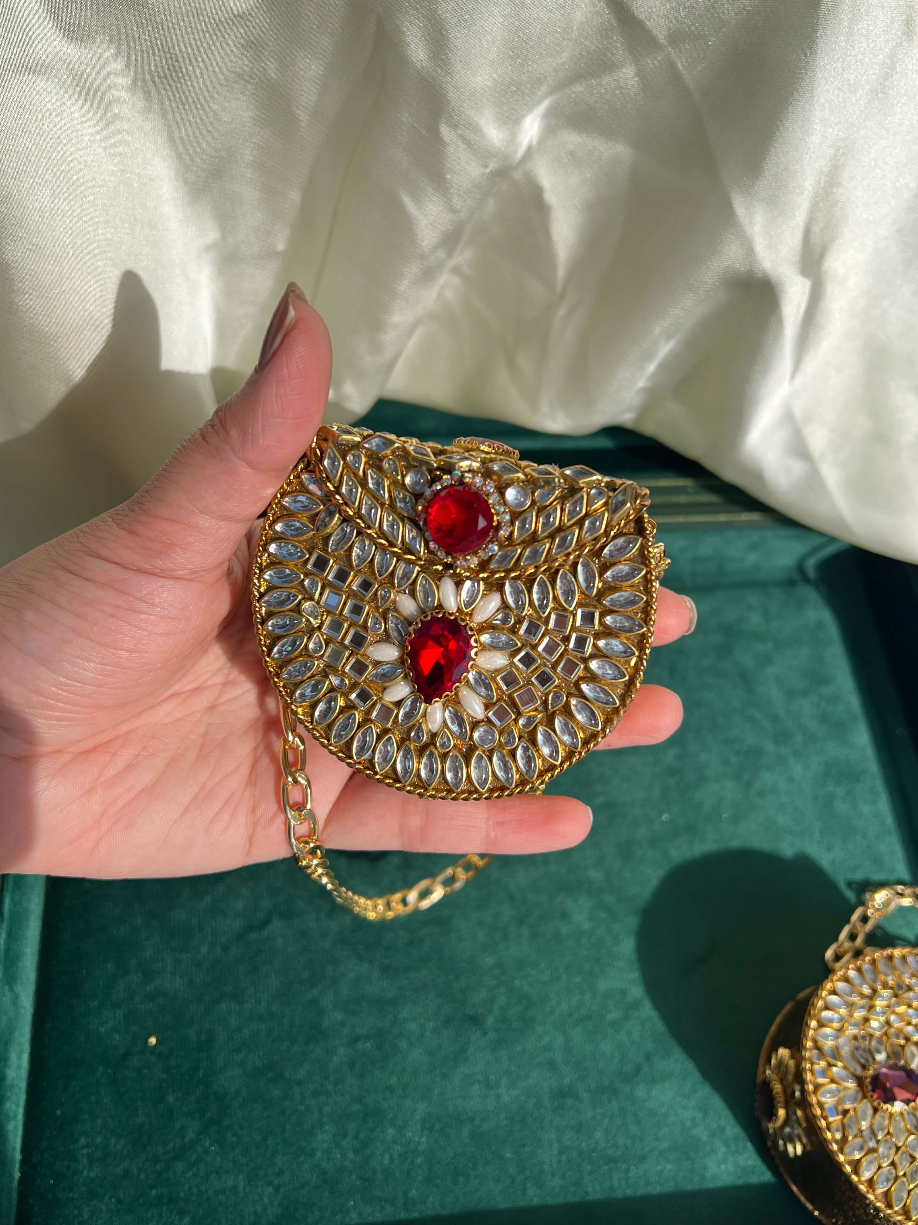 Mini Kundan Box Clutch-Ruby Red