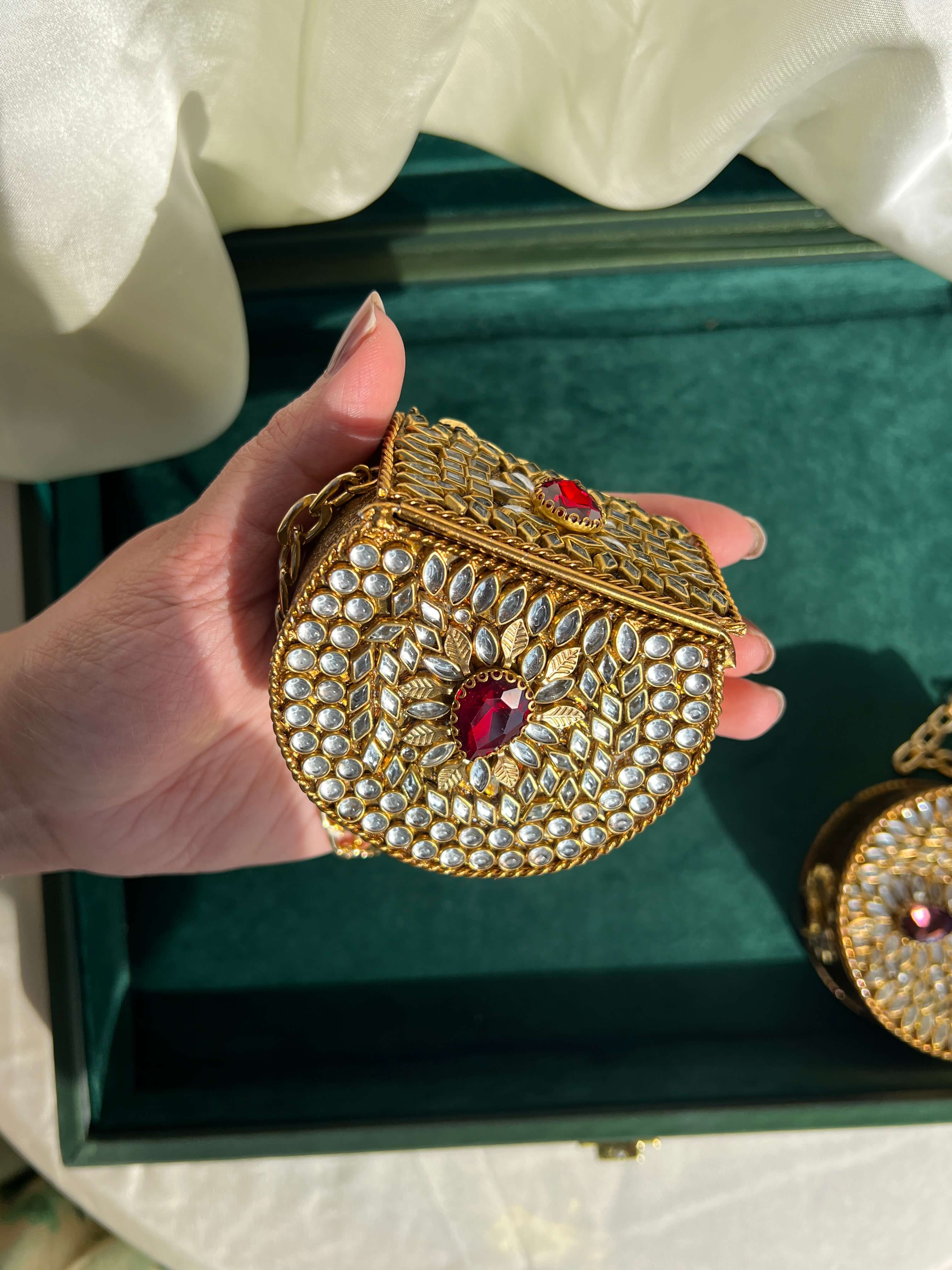 Mini Kundan Box Clutch-Ruby Red
