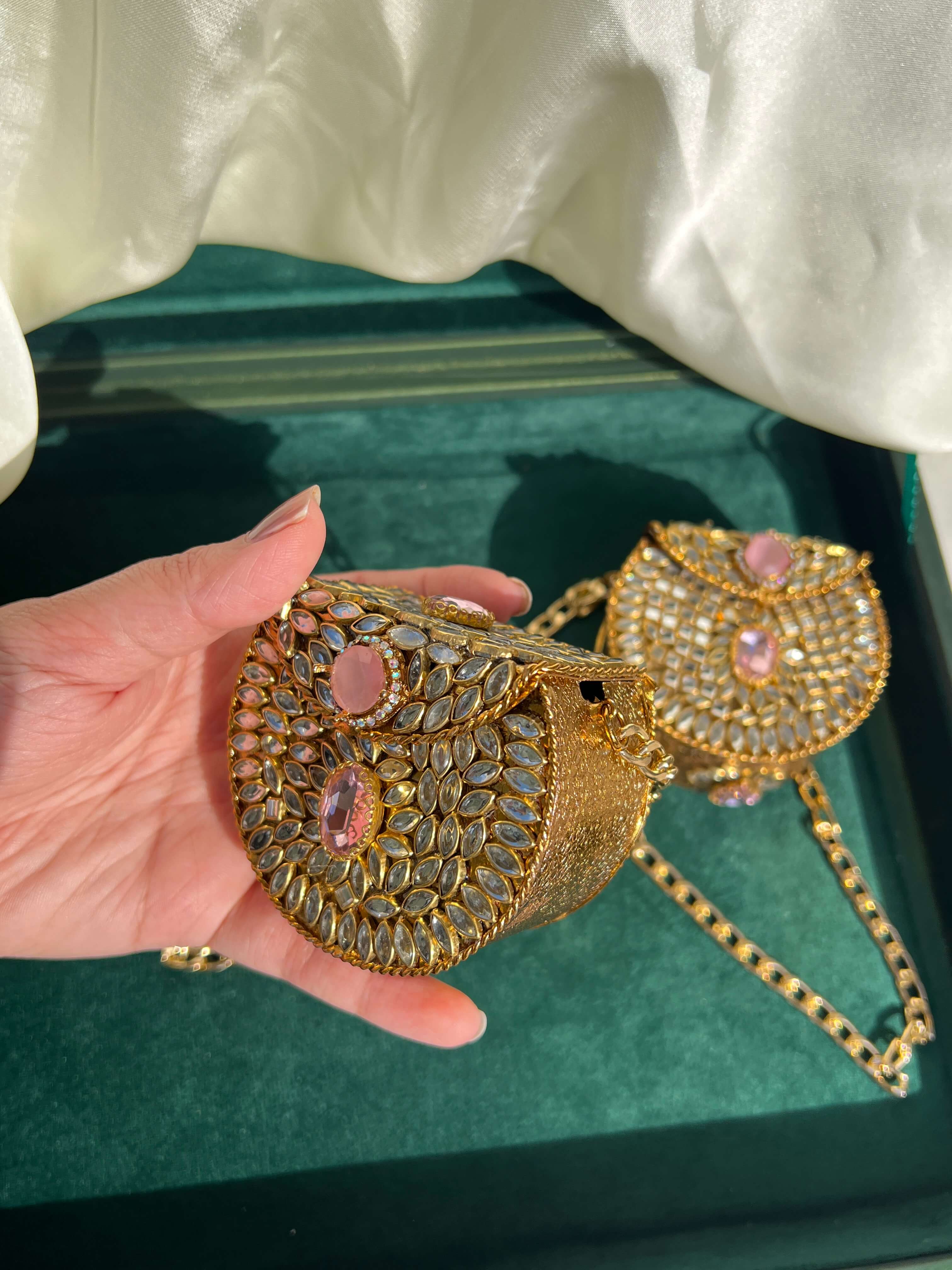 Mini Kundan Box Clutch- Blush Pink