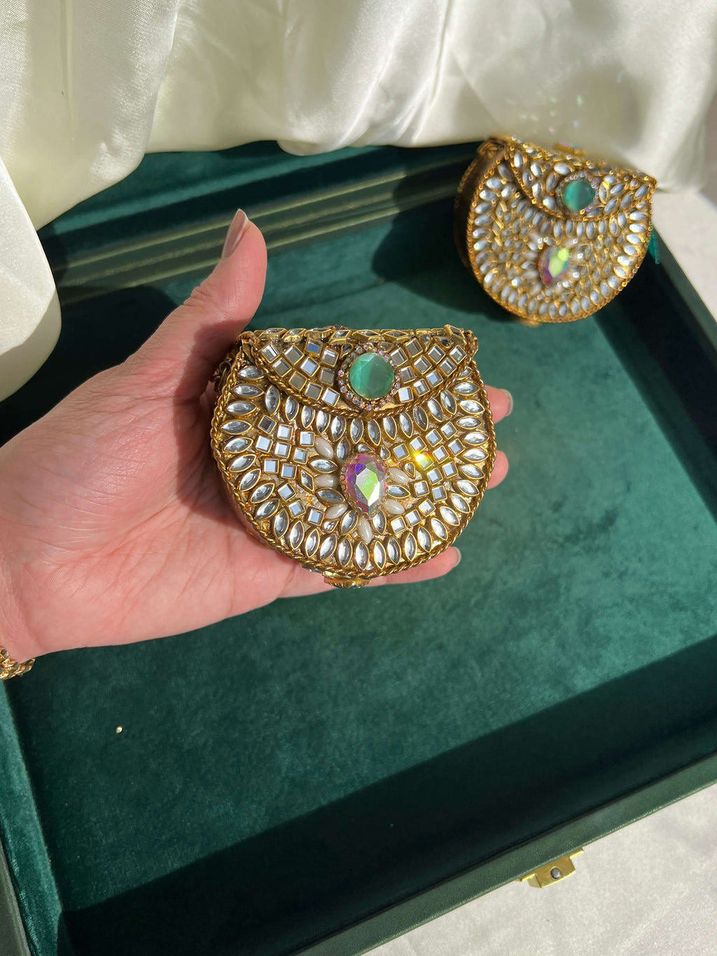Mini Kundan Box Clutch-Mint n Multi