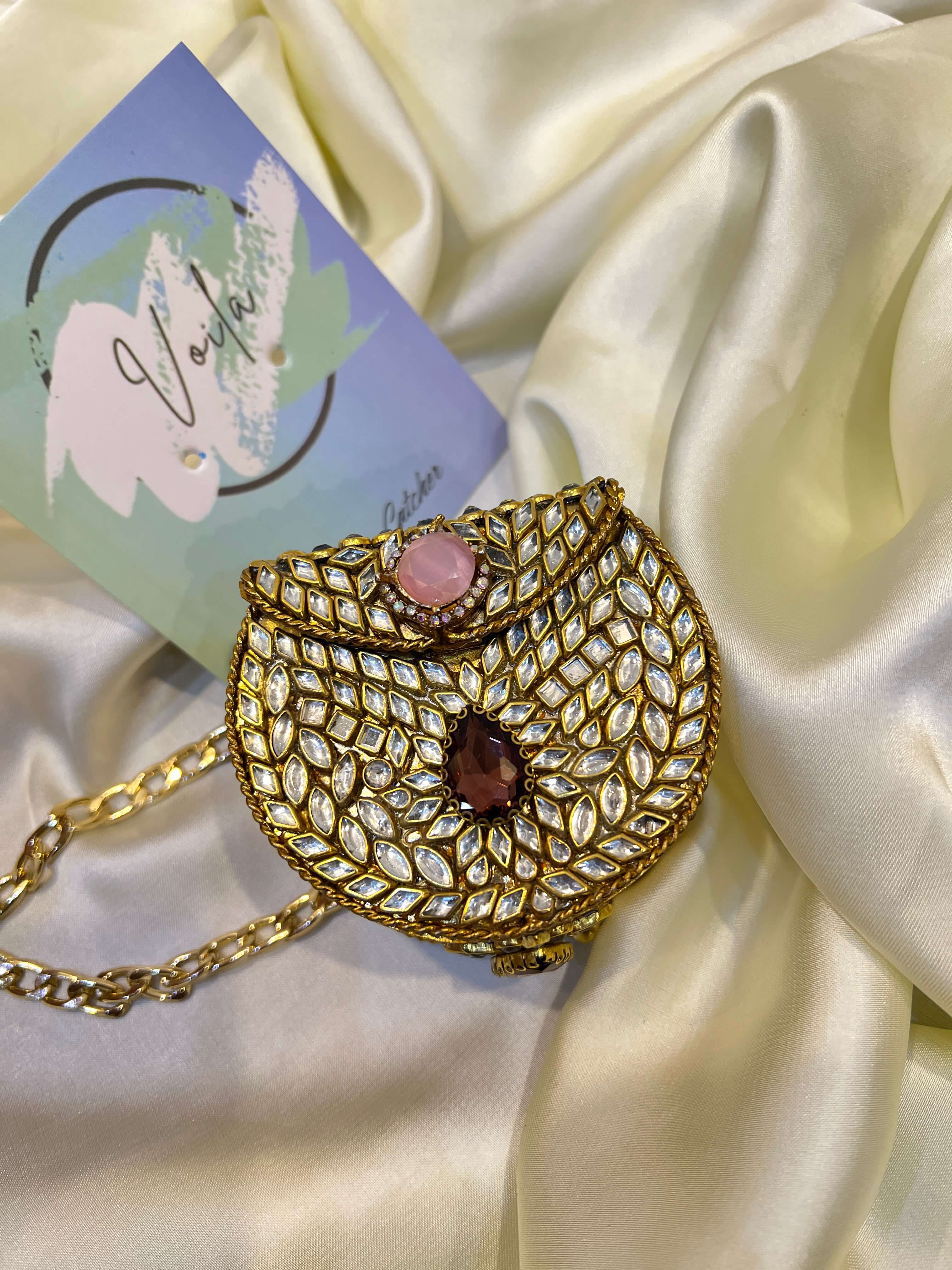 Mini Kundan Box Clutch- Blush Pink