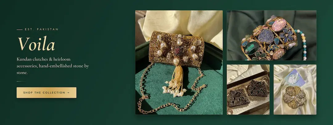 A dark green promotional collage for Voila jewelry and accessories. The left side includes the text 'EST.